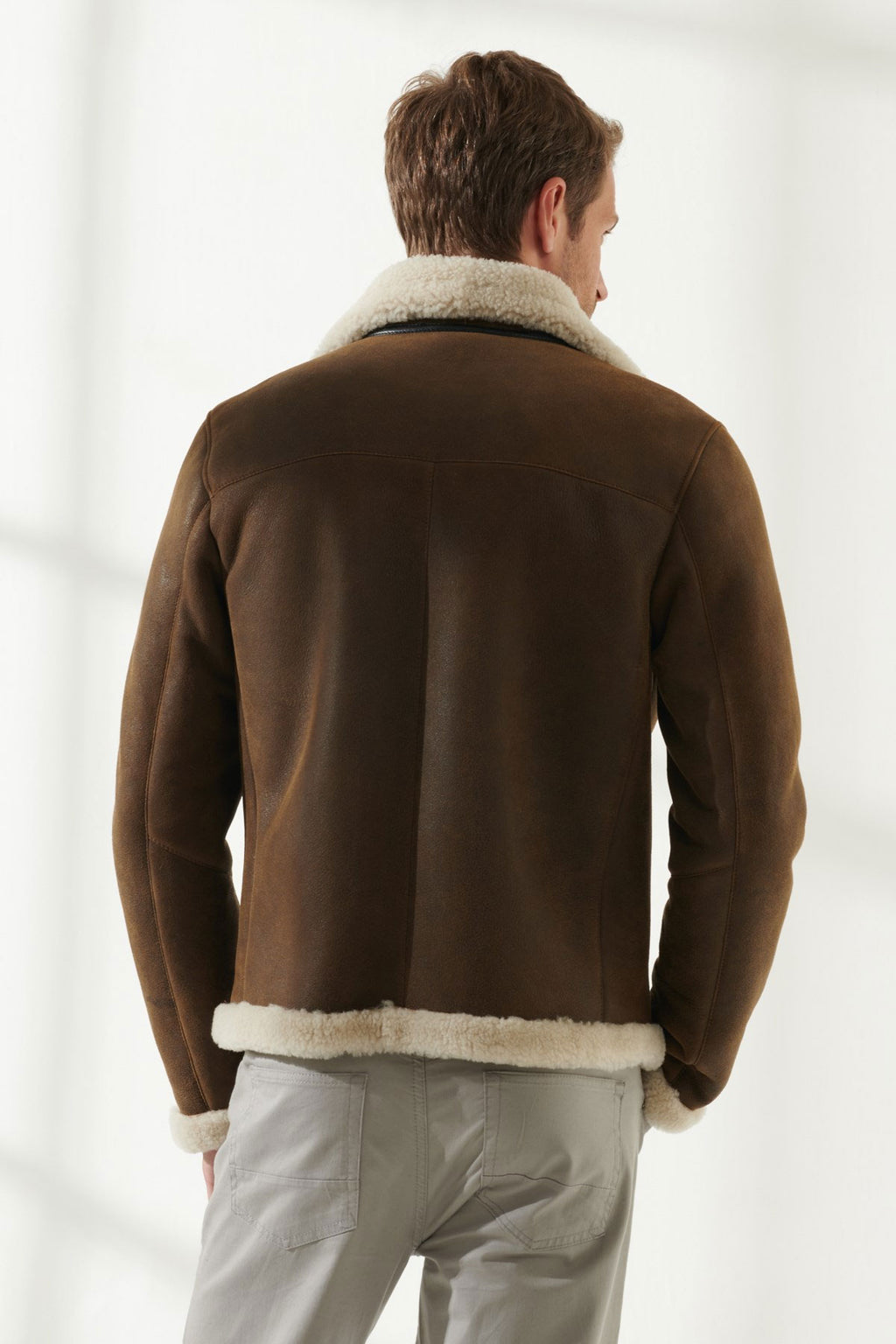 back view of shearling leather jacket