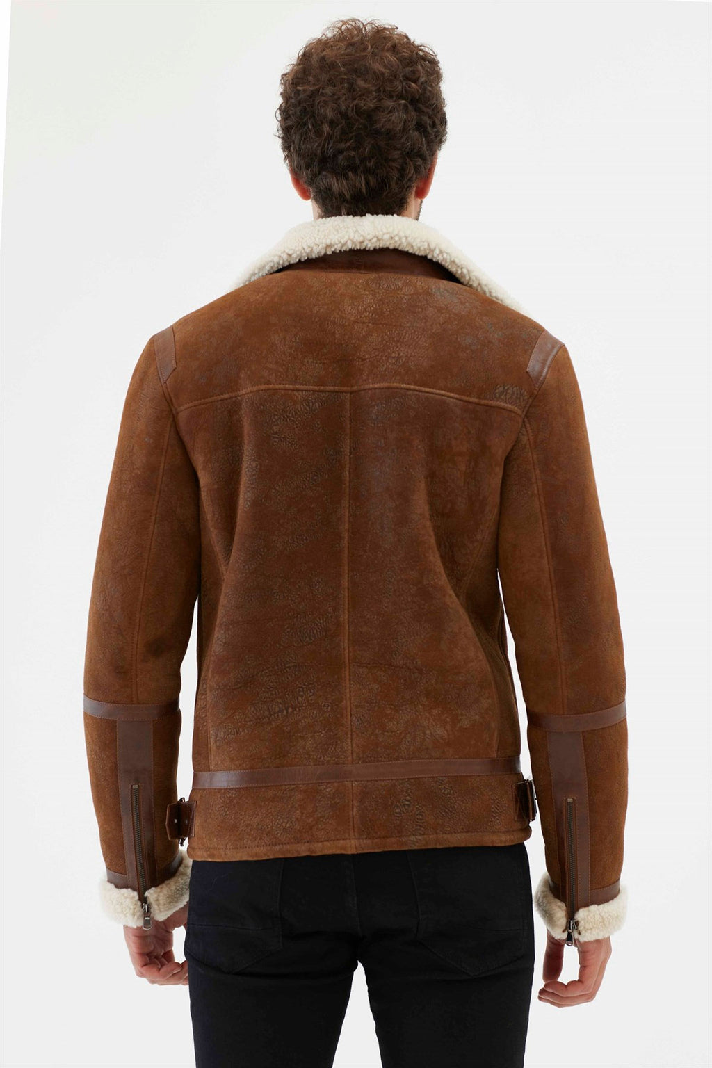 back view men aviator off white shearling leather jacket
