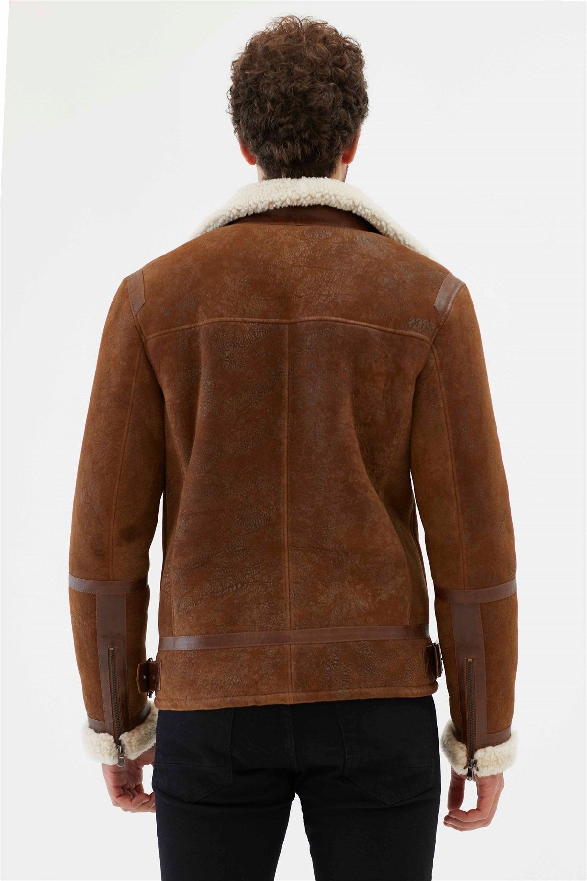 back view men aviator off white shearling leather jacket
