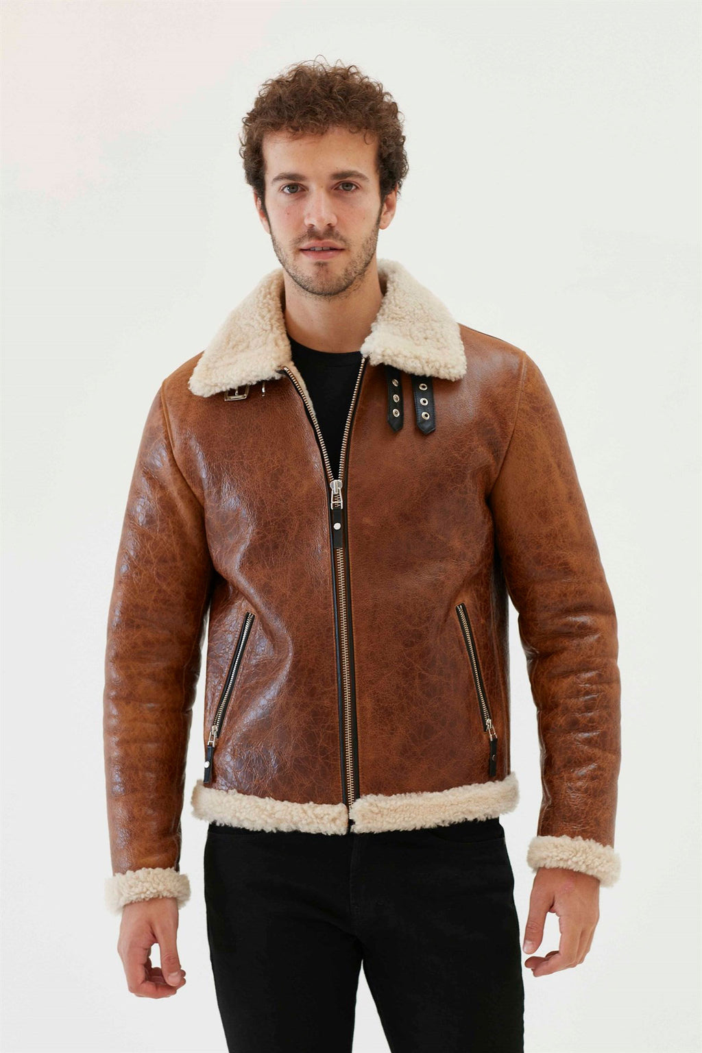 Men Aviator Tan & Off White Shearling Jacket