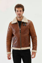 Load image into Gallery viewer, Men Aviator Tan&amp;Off White Shearling Jacket
