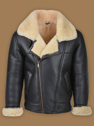 Men Black B3 Shearling Bomber Leather Jacket - Shearling leather