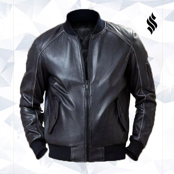 Men Black Bomber Jacket - Shearling leather