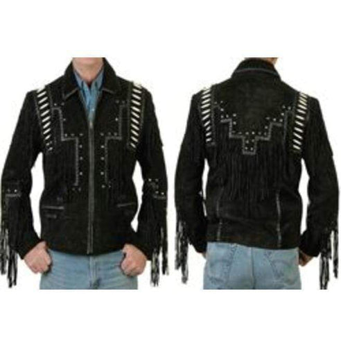 Men's Black Cowboy Suede Jacket, Cowboy Style Suede Jacket With Fringe - Shearling leather