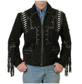 Men's Black Cowboy Suede Jacket, Cowboy Style Suede Jacket With Fringe - Shearling leather