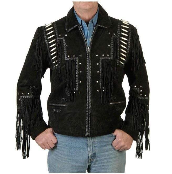 Men's Black Cowboy Suede Jacket, Cowboy Style Suede Jacket With Fringe - Shearling leather