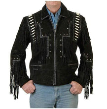 Load image into Gallery viewer, Men&#39;s Black Cowboy Suede Jacket, Cowboy Style Suede Jacket With Fringe - Shearling leather
