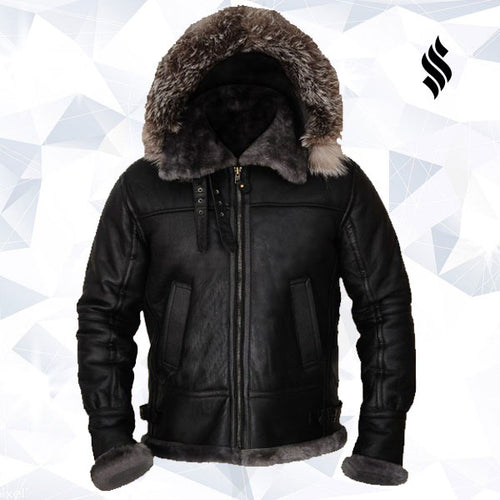 Men Black Shearling Jacket With Hoodie - Shearling leather