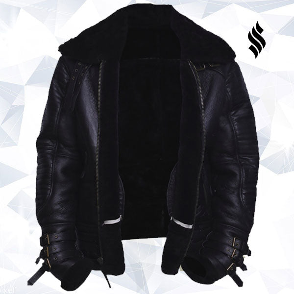 Men Black Biker Shearling Jacket - Shearling Leather Jacket