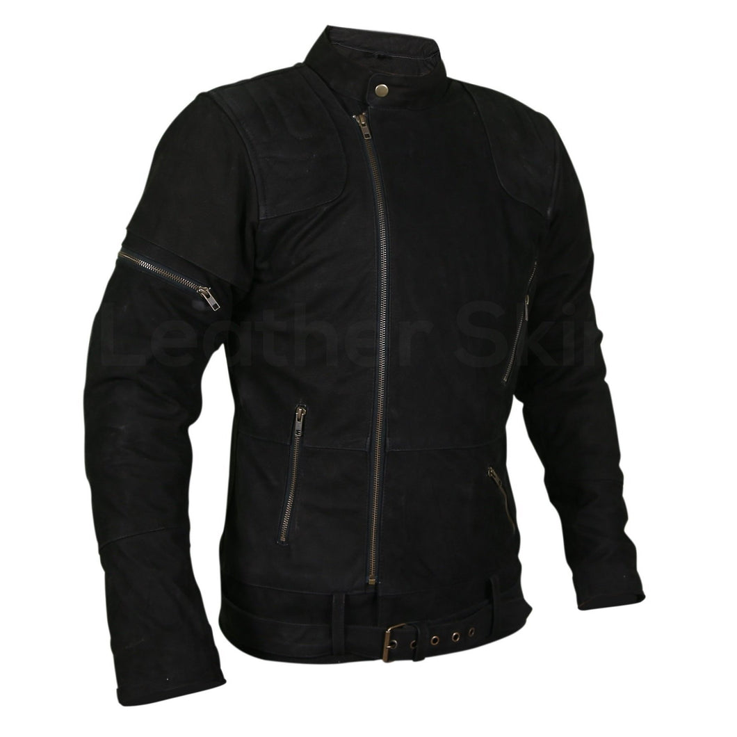 Men Black Suede Belted Leather Jacket with Zippers on Shoulders - Shearling leather