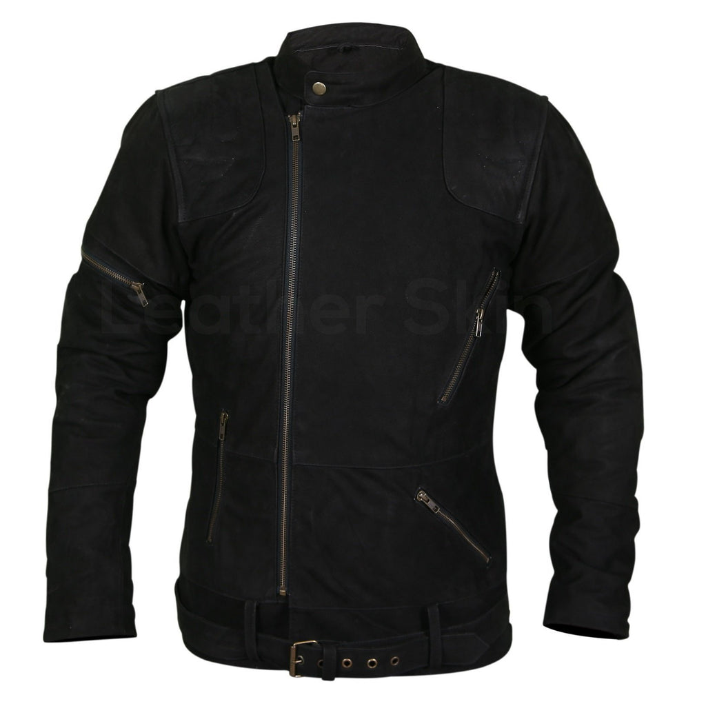 Men Black Suede Belted Leather Jacket with Zippers on Shoulders - Shearling leather