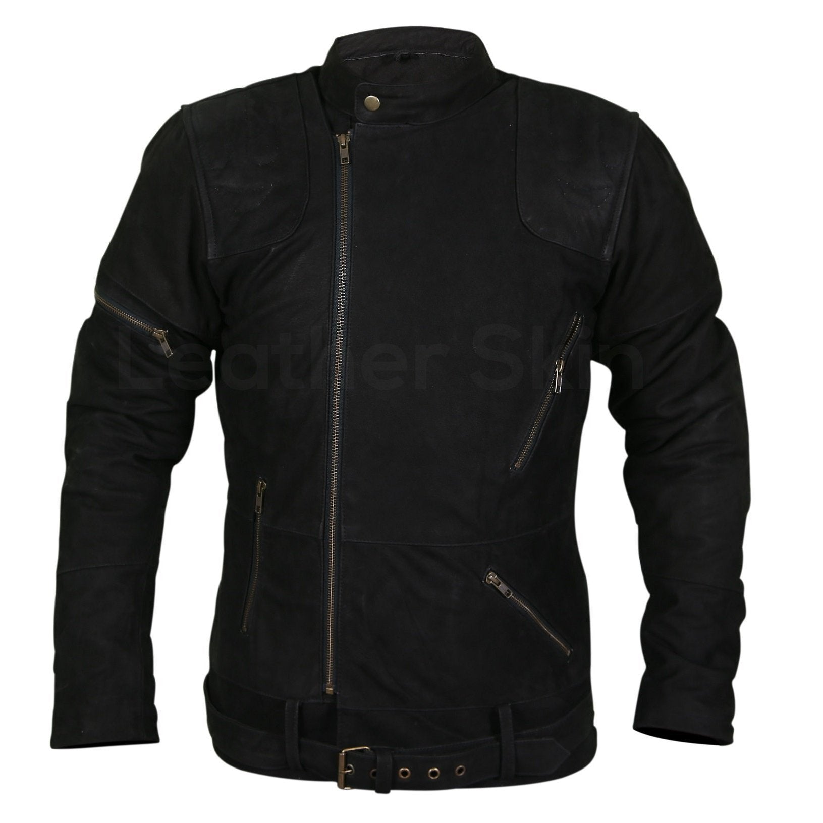 Men Black Suede Belted Leather Jacket with Zippers on Shoulders - Shearling leather