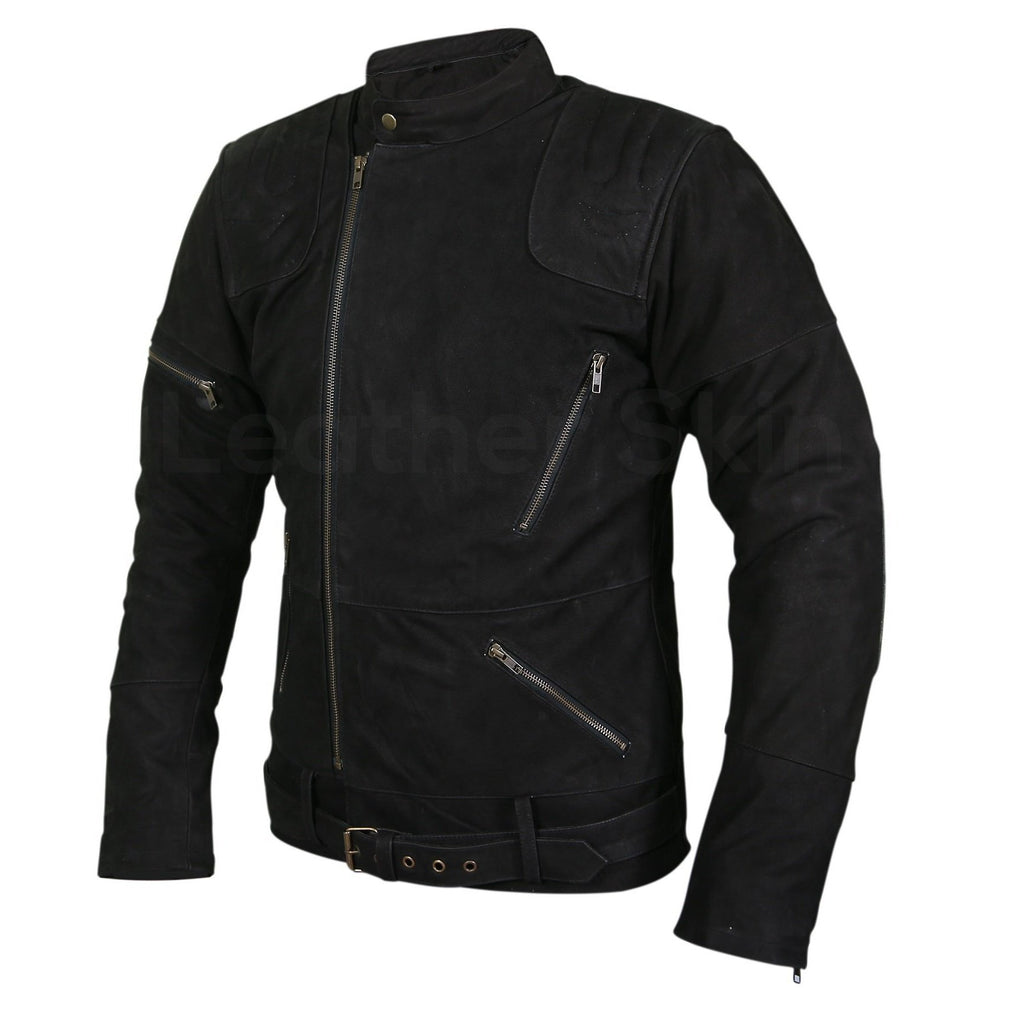Men Black Suede Belted Leather Jacket with Zippers on Shoulders - Shearling leather