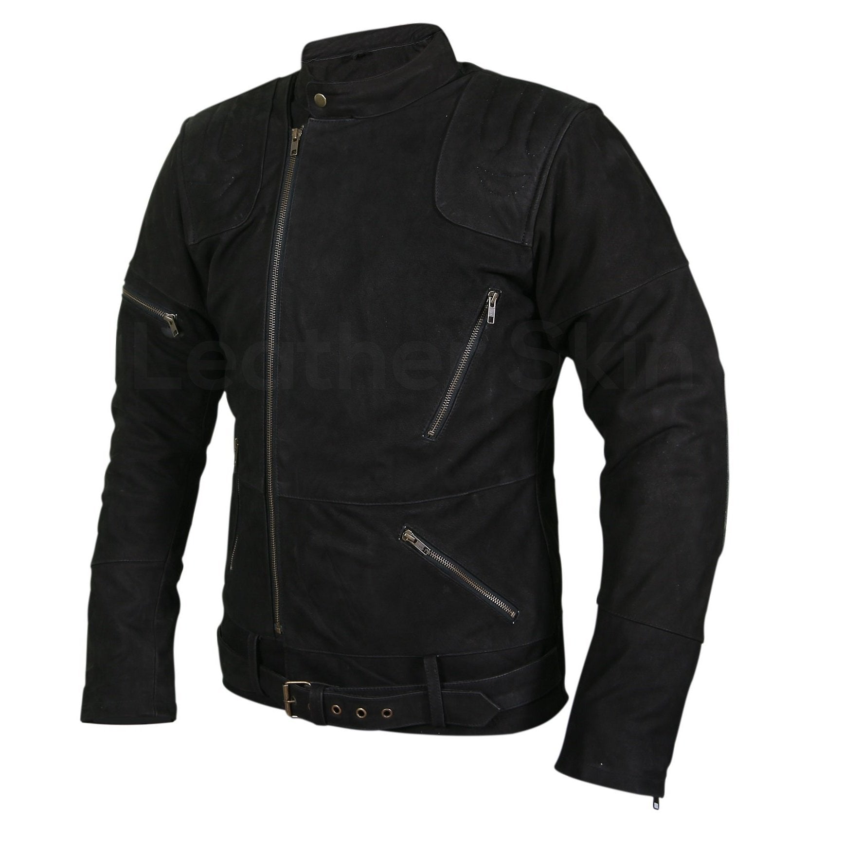 Men Black Suede Belted Leather Jacket with Zippers on Shoulders - Shearling leather