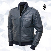 Load image into Gallery viewer, Men Blue Bomber Leather Jacket - Shearling leather
