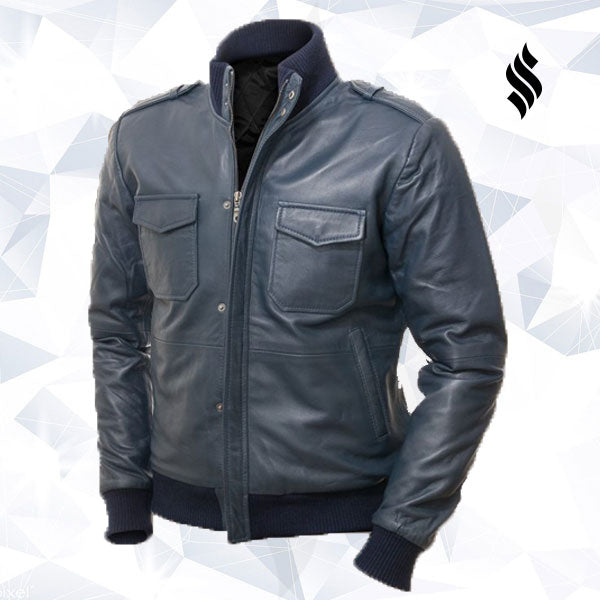 Men Blue Bomber Leather Jacket - Shearling leather