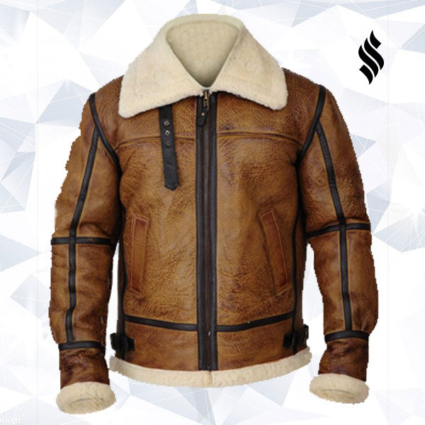 Men Brown B3 Bomber Shearling Jacket - Shearling leather