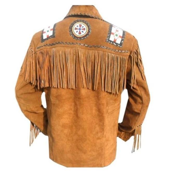 Men Brown Eagle Beads Western Cowboy Suede Leather Tan Jacket, Fringes Jacket - Shearling leather