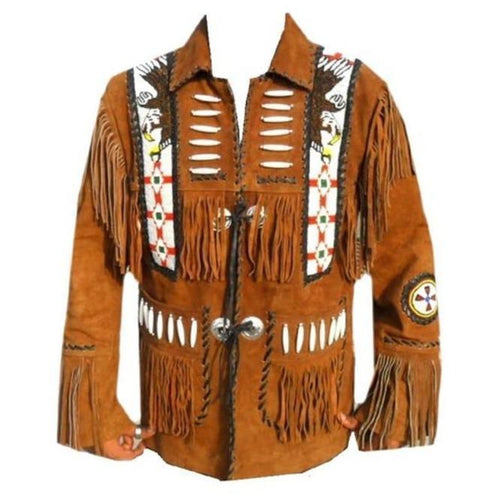 Men Brown Eagle Beads Western Cowboy Suede Leather Tan Jacket, Fringes Jacket - Shearling leather