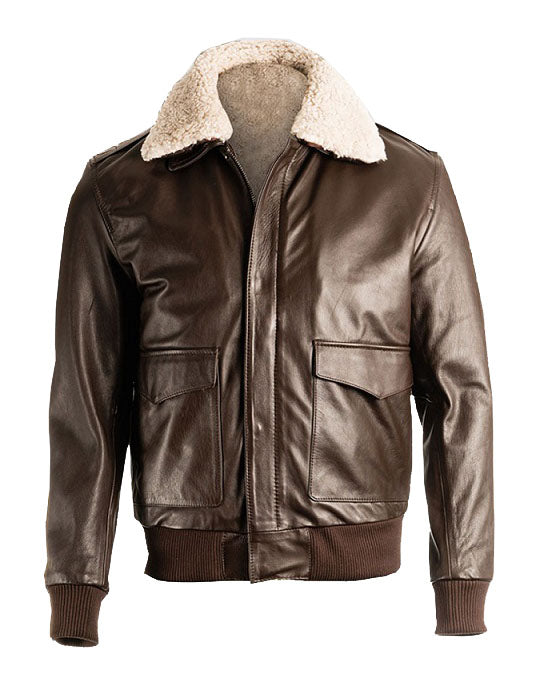 Men’s Brown Pilot Bomber Shearling Jacket - Shearling leather