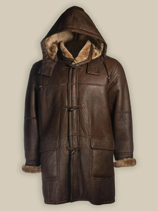 Men Brown Shearling Bomber Hoodie Coat - Shearling leather