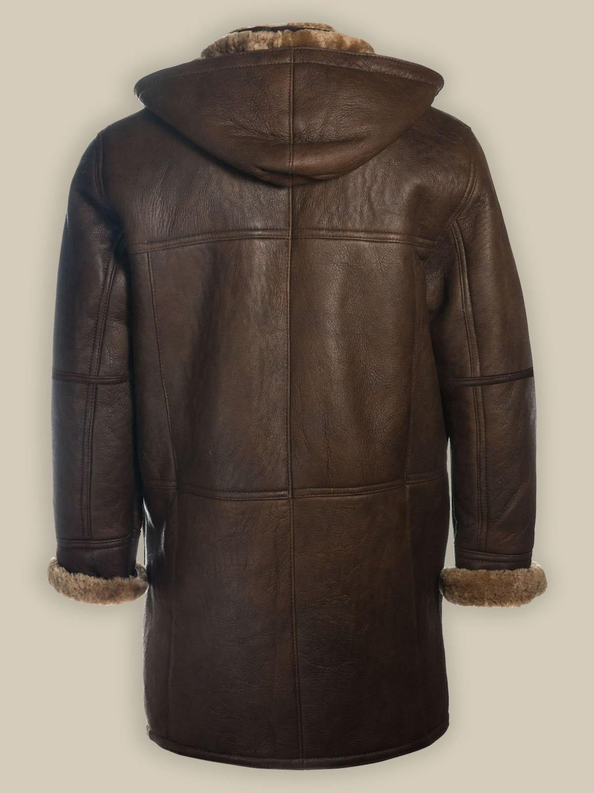 Men Brown Shearling Bomber Hoodie Coat - Shearling leather