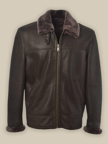 Men Brown Shearling Bomber Leather Jacket - Shearling leather