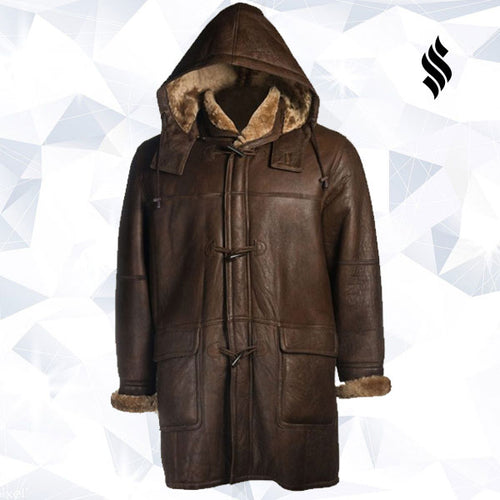 Men Brown Shearling Hoodie Coat - Shearling leather