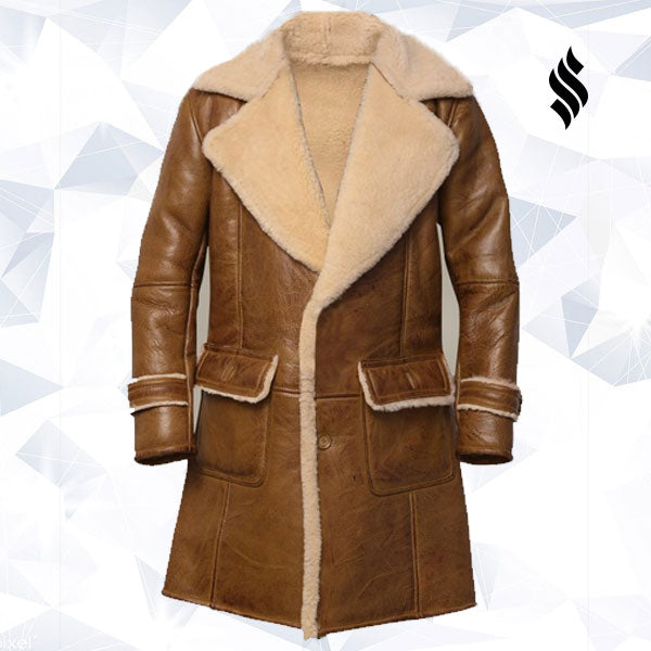 Men Brown Shearling Leather Coat - Shearling leather