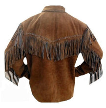 Load image into Gallery viewer, Men&#39;s Brown Suede Western Jacket, Suede Leather Jacket , Suede Cowboy Fringe Jacket - Shearling leather
