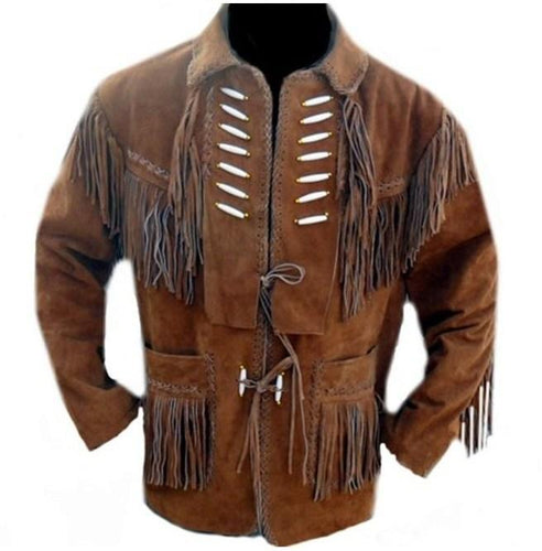 Men's Brown Suede Western Jacket, Suede Leather Jacket , Suede Cowboy Fringe Jacket - Shearling leather