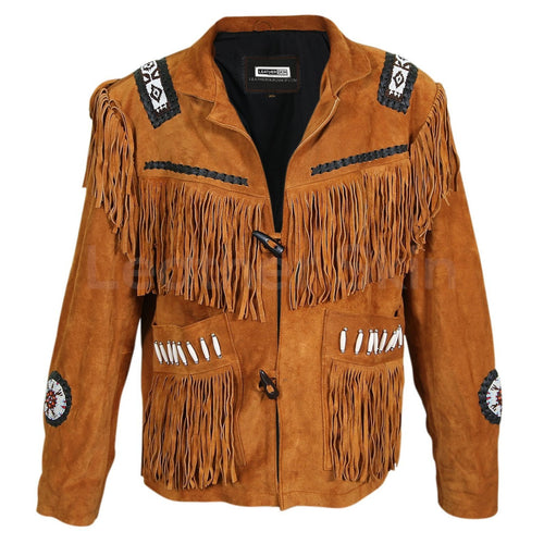 Men Brown Western Fringes with white beads decoration - Shearling leather