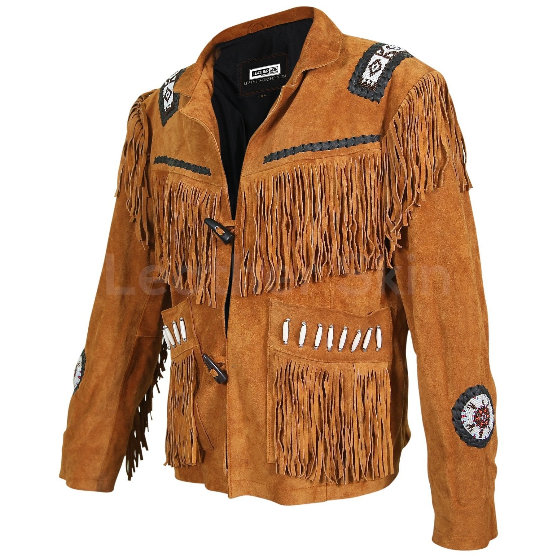 Men Brown Western Fringes with white beads decoration - Shearling leather