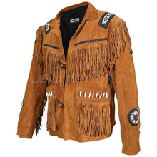Load image into Gallery viewer, Men Brown Western Fringes with white beads decoration - Shearling leather
