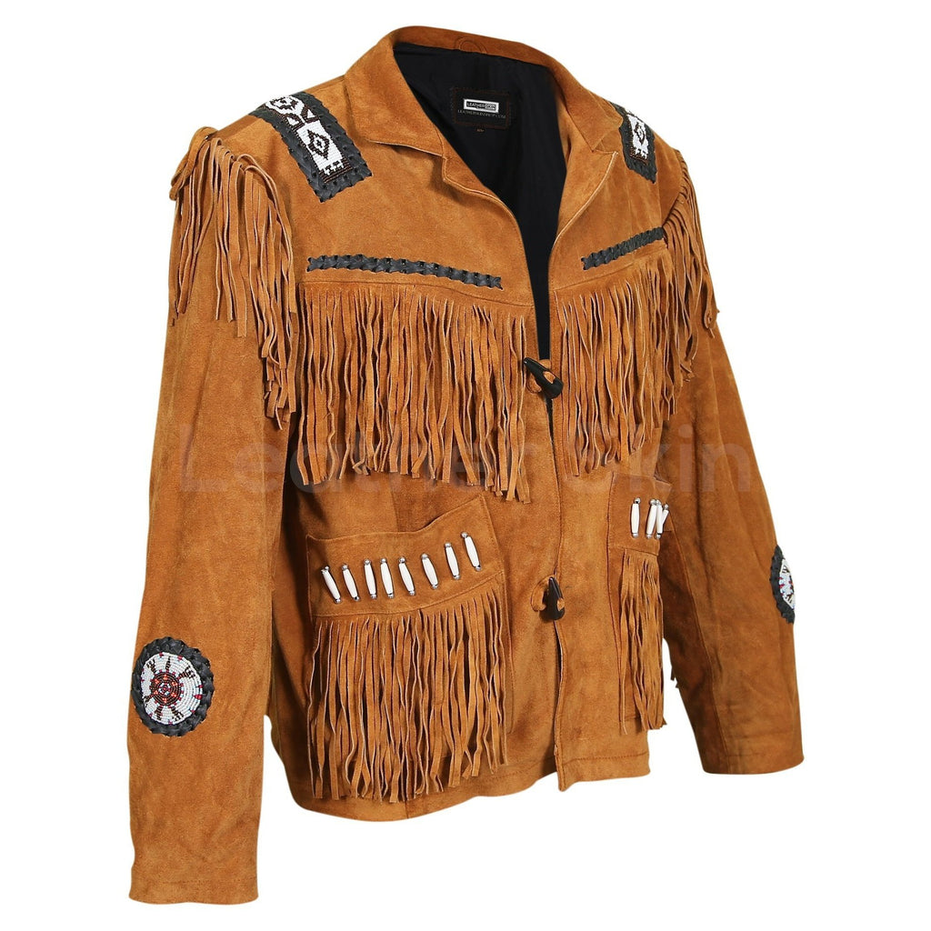 Men Brown Western Fringes with white beads decoration - Shearling leather