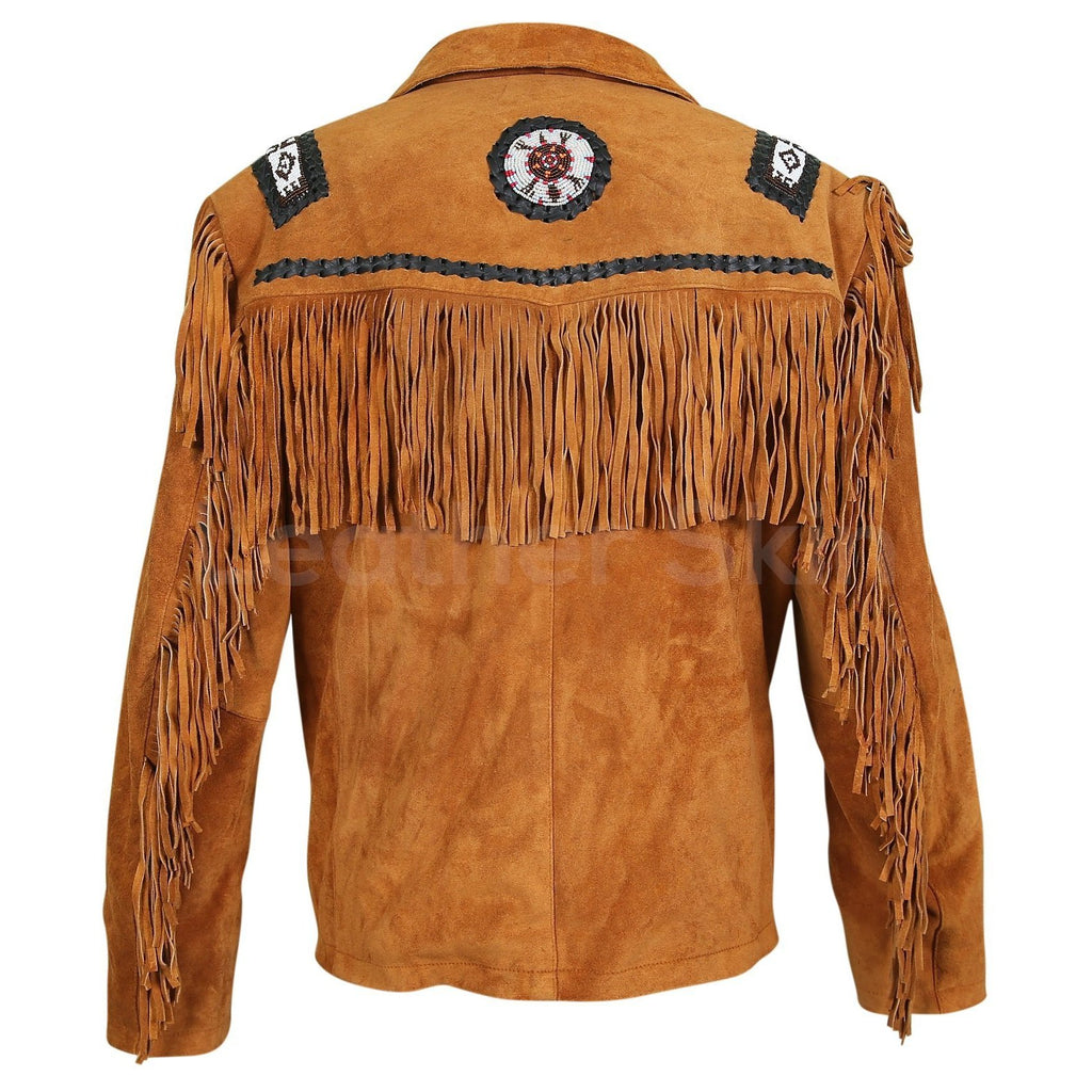 Men Brown Western Fringes with white beads decoration - Shearling leather