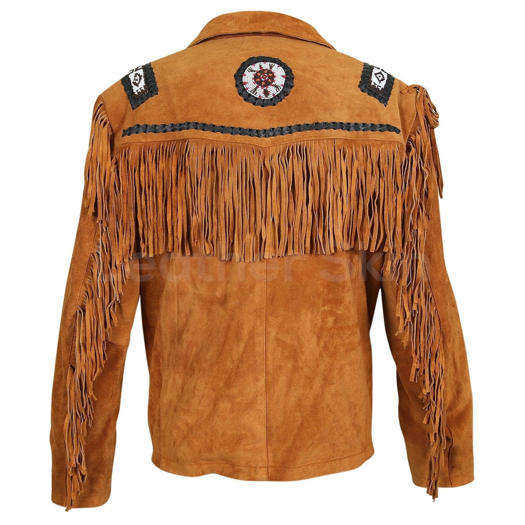 Men Brown Western Fringes with white beads decoration - Shearling leather