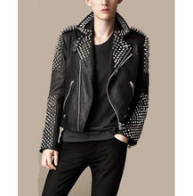 Load image into Gallery viewer, Men&#39;s Casual Black Silver Studded Rocker Punk Style Biker Leather Jacket - Shearling leather
