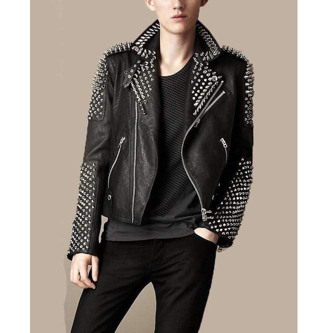 Men's Casual Black Silver Studded Rocker Punk Style Biker Leather Jacket - Shearling leather