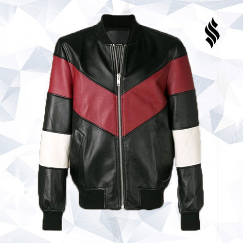 Men Chevron Stripe Bomber Jacket - Shearling leather