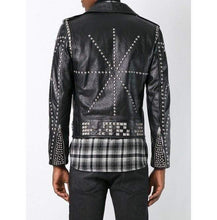 Load image into Gallery viewer, Men&#39;s Classic Sliver Studded Leather Motorcycle Jacket, Biker Leather Black Jacket - Shearling leather
