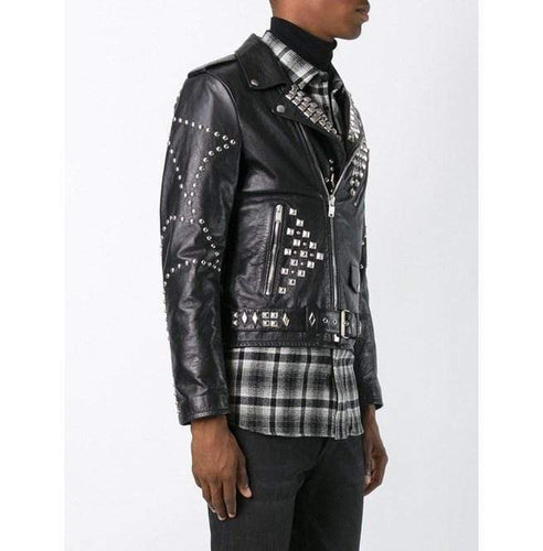 Men's Classic Sliver Studded Leather Motorcycle Jacket, Biker Leather Black Jacket - Shearling leather