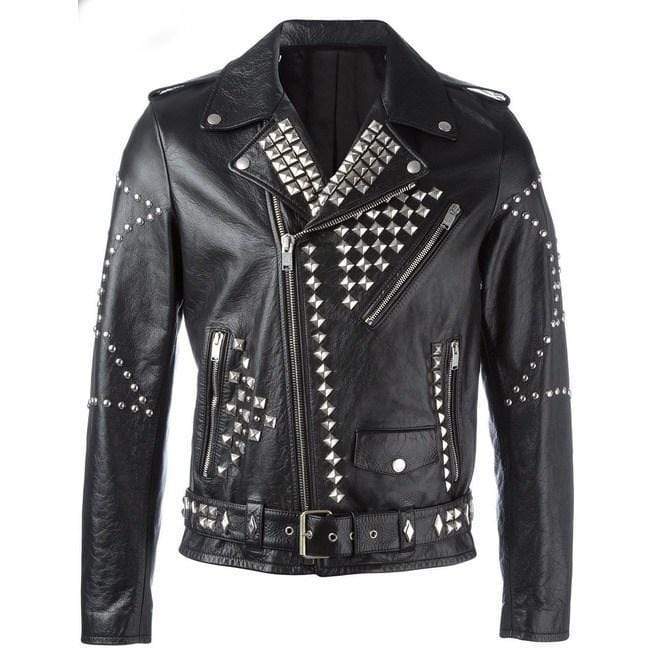 Men's Classic Sliver Studded Leather Motorcycle Jacket, Biker Leather Black Jacket - Shearling leather