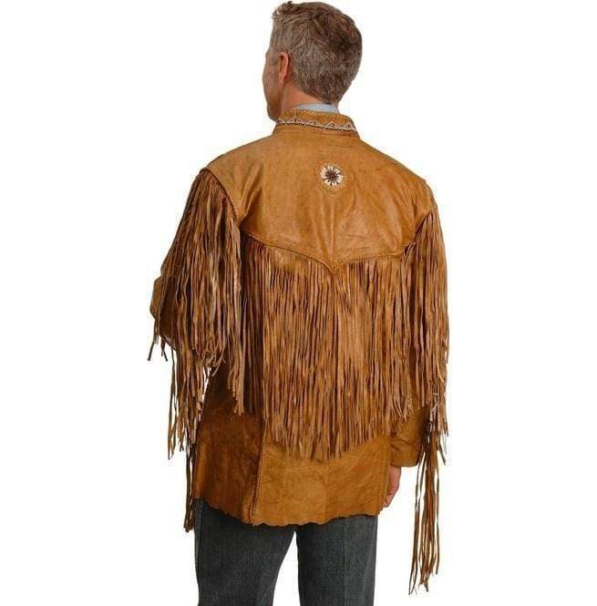 Men's Cowboy Style Tan Color Leather Jacket, Men's Western Style Fringe Leather Jacket - Shearling leather