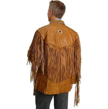 Load image into Gallery viewer, Men&#39;s Cowboy Style Tan Color Leather Jacket, Men&#39;s Western Style Fringe Leather Jacket - Shearling leather
