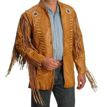 Load image into Gallery viewer, Men&#39;s Cowboy Style Tan Color Leather Jacket, Men&#39;s Western Style Fringe Leather Jacket - Shearling leather
