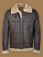Load image into Gallery viewer, Men Dark Brown RAF Shearling Bomber Leather Jacket - Shearling leather
