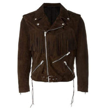 Load image into Gallery viewer, Men&#39;s Fringe Motorcycle Suede Jacket Men&#39;s Clothing, Men&#39;s Cow Boy Brown Western Jacket - Shearling leather
