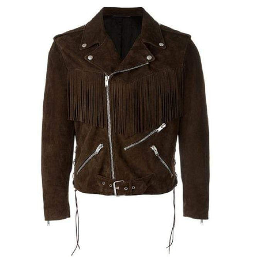 Men's Fringe Motorcycle Suede Jacket Men's Clothing, Men's Cow Boy Brown Western Jacket - Shearling leather