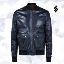 Load image into Gallery viewer, Men Navy Blue Bomber Jacket - Shearling leather
